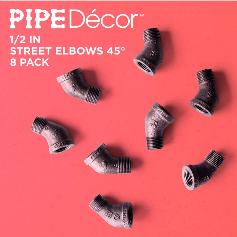 PIPE DECOR 1/2" Street Elbow 45 Degree Fitting, PIPE DECOR Black Malleable Iron Fittings Fit Standard 1/2 Inch Pipes, Nipples and Fittings, Regular Plumbing Applications and Vintage DIY Furniture, 8 Pack - Image 4